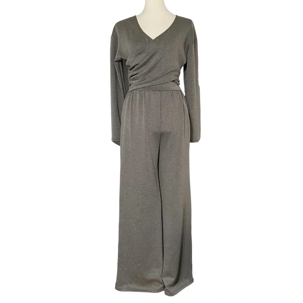 Express Luxe Lounge Long Sleeve Surplice Wide Leg Jumpsuit‎